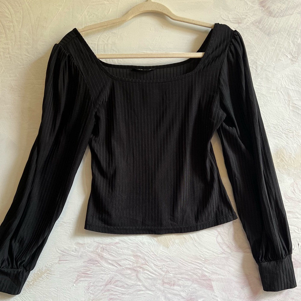 Black Ribbed Square Neck Long Sleeve Blouse Size Medium